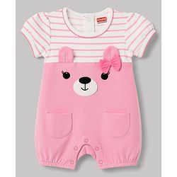 Babyhug 100% Cotton Knit Half Sleeves Striped Romper With Animal Applique - Pink
