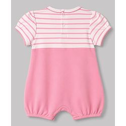 Babyhug 100% Cotton Knit Half Sleeves Striped Romper With Animal Applique - Pink