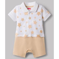 Babyhug 100% Cotton Knit Half Sleeves Star Printed Romper - Peach