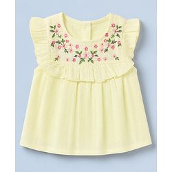 Babyhug 100% Cotton Woven Sleeveless, Frill Sleeves Dobby Top With Floral Embroidery in Beige
