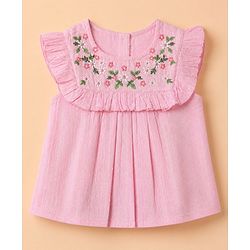 Babyhug 100% Cotton Woven Sleeveless, Frill Sleeves Dobby Top With Floral Embroidery in Pink