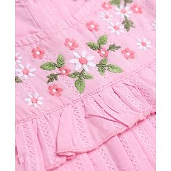 Babyhug 100% Cotton Woven Sleeveless, Frill Sleeves Dobby Top With Floral Embroidery in Pink