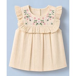 Babyhug 100% Cotton Woven Sleeveless, Frill Sleeves Dobby Top With Floral Embroidery in Cream