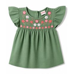Babyhug 100% Cotton Woven Crepe Half Sleeves Floral Embroidered Top - Green
