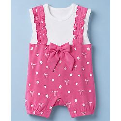Babyhug 100% Cotton Interlock Knit Half Sleeves Bow & Floral Printed Romper - Pink