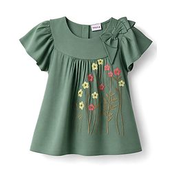 Babyhug Crinkled Crepe 100% Cotton Woven Half Sleeves Top with Floral Embroidery - Olive