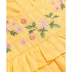 Babyhug 100% Cotton Woven Sleeveless, Frill Sleeves Dobby Top With Floral Embroidery in Yellow