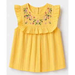 Babyhug 100% Cotton Woven Sleeveless, Frill Sleeves Dobby Top With Floral Embroidery in Yellow