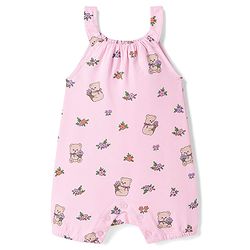 Babyhug 100% Cotton Knit Sleeveless Floral & Bear Printed Romper - Pink