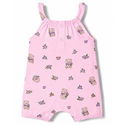 Babyhug 100% Cotton Knit Sleeveless Floral & Bear Printed Romper - Pink