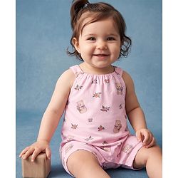 Babyhug 100% Cotton Knit Sleeveless Floral & Bear Printed Romper - Pink