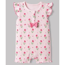 Babyhug 100% Cotton Interlock Knit Full Sleeves Romper with Floral Print & Hairband - Pink