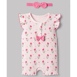 Babyhug 100% Cotton Interlock Knit Full Sleeves Romper with Floral Print & Hairband - Pink