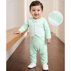 Babyhug 100% Cotton Interlock Woven Full Sleeves Bear Printed Partywear Romper with Attached Waist Coat & Bow - Sea Green