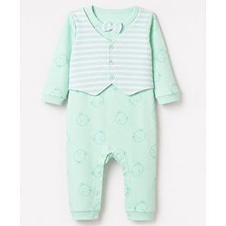 Babyhug 100% Cotton Interlock Woven Full Sleeves Bear Printed Partywear Romper with Attached Waist Coat & Bow - Sea Green