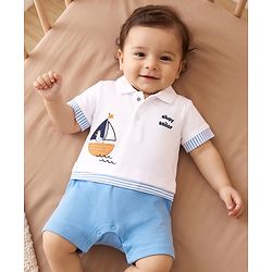 Babyhug 100% Cotton Interlock Knit Half Sleeves Polo Collar Romper With Boat Print - Sky