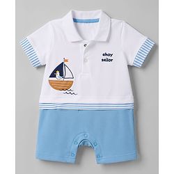 Babyhug 100% Cotton Interlock Knit Half Sleeves Polo Collar Romper With Boat Print - Sky