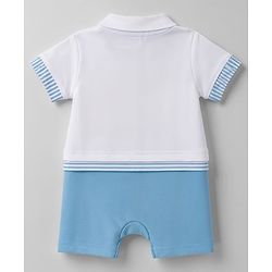 Babyhug 100% Cotton Interlock Knit Half Sleeves Polo Collar Romper With Boat Print - Sky