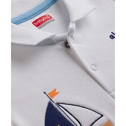 Babyhug 100% Cotton Interlock Knit Half Sleeves Polo Collar Romper With Boat Print - Sky