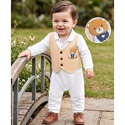 Babyhug 100% Cotton Interlock Woven Full Sleeves Party Romper with Bear Patch - White
