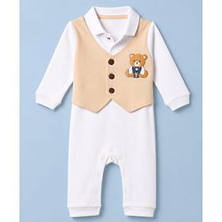 Babyhug 100% Cotton Interlock Woven Full Sleeves Party Romper with Bear Patch - White
