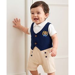 Babyhug 100% Cotton Interlock Knit Half Sleeves Bear Embroidered Party Romper - Navy Blue