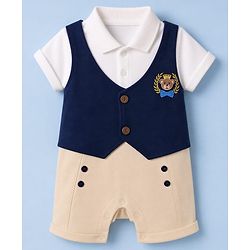 Babyhug 100% Cotton Interlock Knit Half Sleeves Bear Embroidered Party Romper - Navy Blue