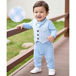 Babyhug 100% Cotton Interlock Woven Full Sleeves Partywear Romper with Attached Waist Coat & Tie - Sky Blue