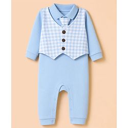 Babyhug 100% Cotton Interlock Woven Full Sleeves Partywear Romper with Attached Waist Coat & Tie - Sky Blue