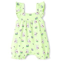Babyhug 100% Cotton Interlock Knit Frill Sleeves Romper & Head Band With Bunny & Floral Print - Light Green