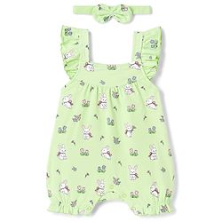Babyhug 100% Cotton Interlock Knit Frill Sleeves Romper & Head Band With Bunny & Floral Print - Light Green