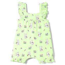 Babyhug 100% Cotton Interlock Knit Frill Sleeves Romper & Head Band With Bunny & Floral Print - Light Green