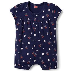 Babyhug 100% Cotton Interlock Knit Half Sleeves Romper & Head Band With Floral Print - Navy