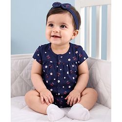 Babyhug 100% Cotton Interlock Knit Half Sleeves Romper & Head Band With Floral Print - Navy