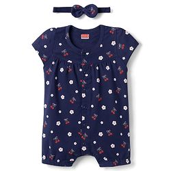 Babyhug 100% Cotton Interlock Knit Half Sleeves Romper & Head Band With Floral Print - Navy