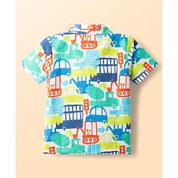 Babyhug Cotton Woven Half Sleeves Co-Ord Shirt & Pyjama Night Suit With Vehicle Print - White
