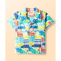 Babyhug Cotton Woven Half Sleeves Co-Ord Shirt & Pyjama Night Suit With Vehicle Print - White