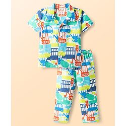 Babyhug Cotton Woven Half Sleeves Co-Ord Shirt & Pyjama Night Suit With Vehicle Print - White