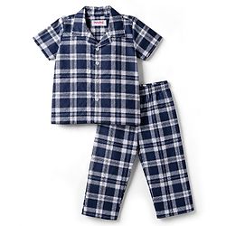 Babyhug Cotton Woven Half Sleeves Shirt & Pyjama Night Suit Print with Checks - Navy