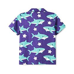 Babyhug Cotton Woven Half Sleeves Shirt & Pyjama Co-ord Night Suit with Shark Print - Purple