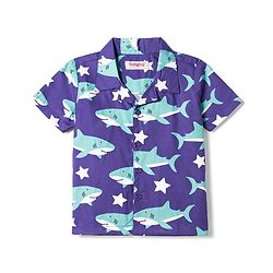 Babyhug Cotton Woven Half Sleeves Shirt & Pyjama Co-ord Night Suit with Shark Print - Purple