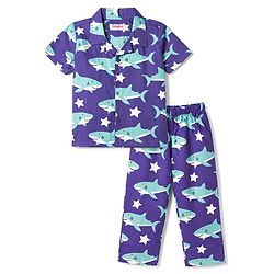 Babyhug Cotton Woven Half Sleeves Shirt & Pyjama Co-ord Night Suit with Shark Print - Purple
