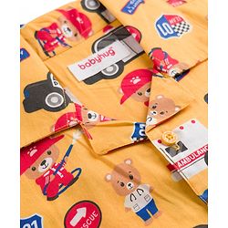 Babyhug Cotton Woven Front Open Half Sleeves Shirt & Pyjama Night Suit Car & Bear  Print - Yellow