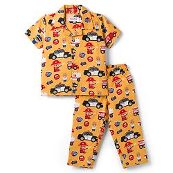 Babyhug Cotton Woven Front Open Half Sleeves Shirt & Pyjama Night Suit Car & Bear  Print - Yellow