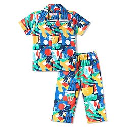 Babyhug Cotton Woven Half Sleeves Printed Shirt & Pyjama Co-ord Night Suit - Blue