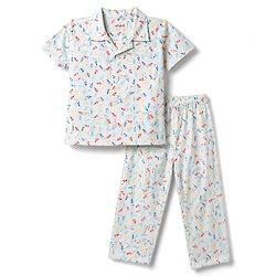 Babyhug Cotton Woven Front Open Half Sleeves Printed Shirt & Pyjama Night Suit - White