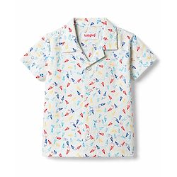 Babyhug Cotton Woven Front Open Half Sleeves Printed Shirt & Pyjama Night Suit - White