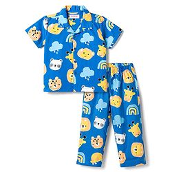Babyhug Cotton Woven Half Sleeves Shirt & Pyjama Co-ord Night Suit with Animal Print - Blue