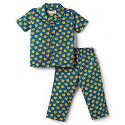 Babyhug Cotton Woven Front Open Half Sleeves Cub Face Printed Shirt & Pyjama Night Suit - Blue