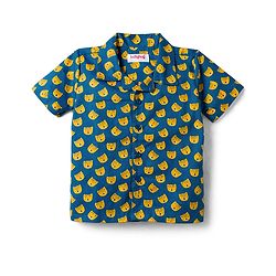 Babyhug Cotton Woven Front Open Half Sleeves Cub Face Printed Shirt & Pyjama Night Suit - Blue
